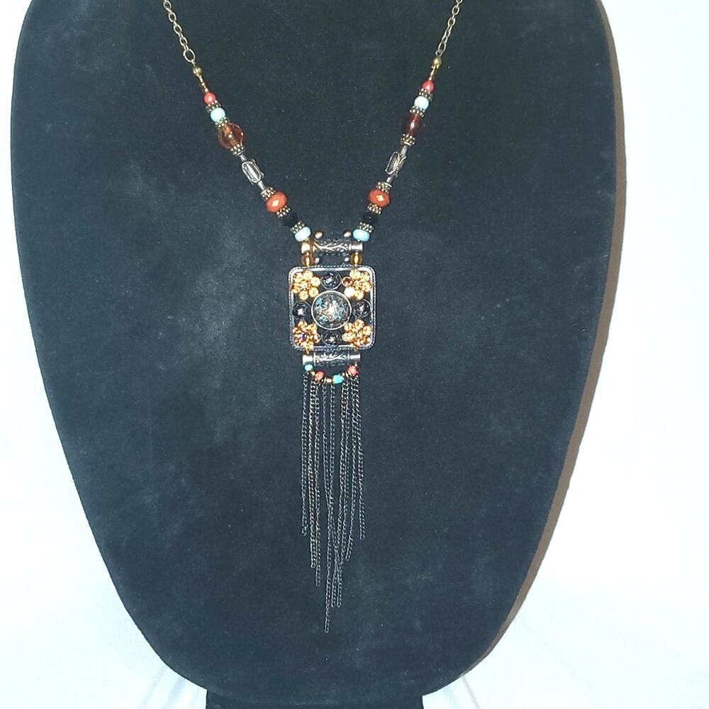 Yousi You and I Rhinestone Necklace Chunky Square shape Pendent Bronze Toned 20"